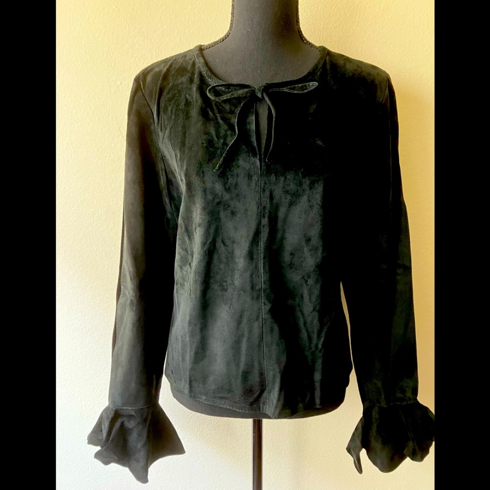 Vintage Black Suede Leather Poet's Blouse/Tunic Split Sleeves Ruffle Cuffs